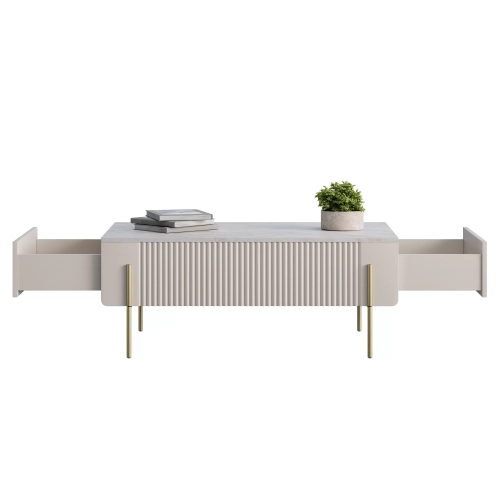 Stolik kawowy z szufladami Malmi 100 cm - kaszmir / crema bianca / złote nóżki